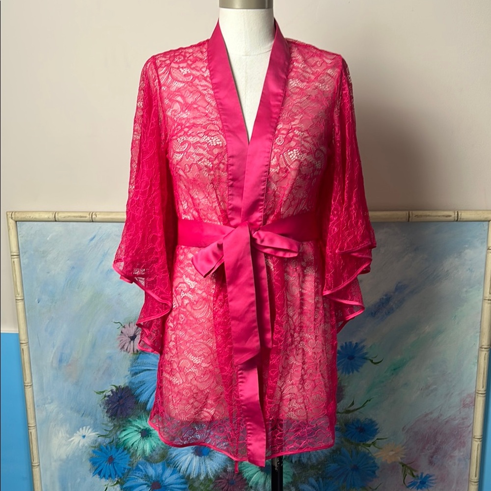Betsey Johnson Pink Lace Robe with Floral Pattern bat wings XS